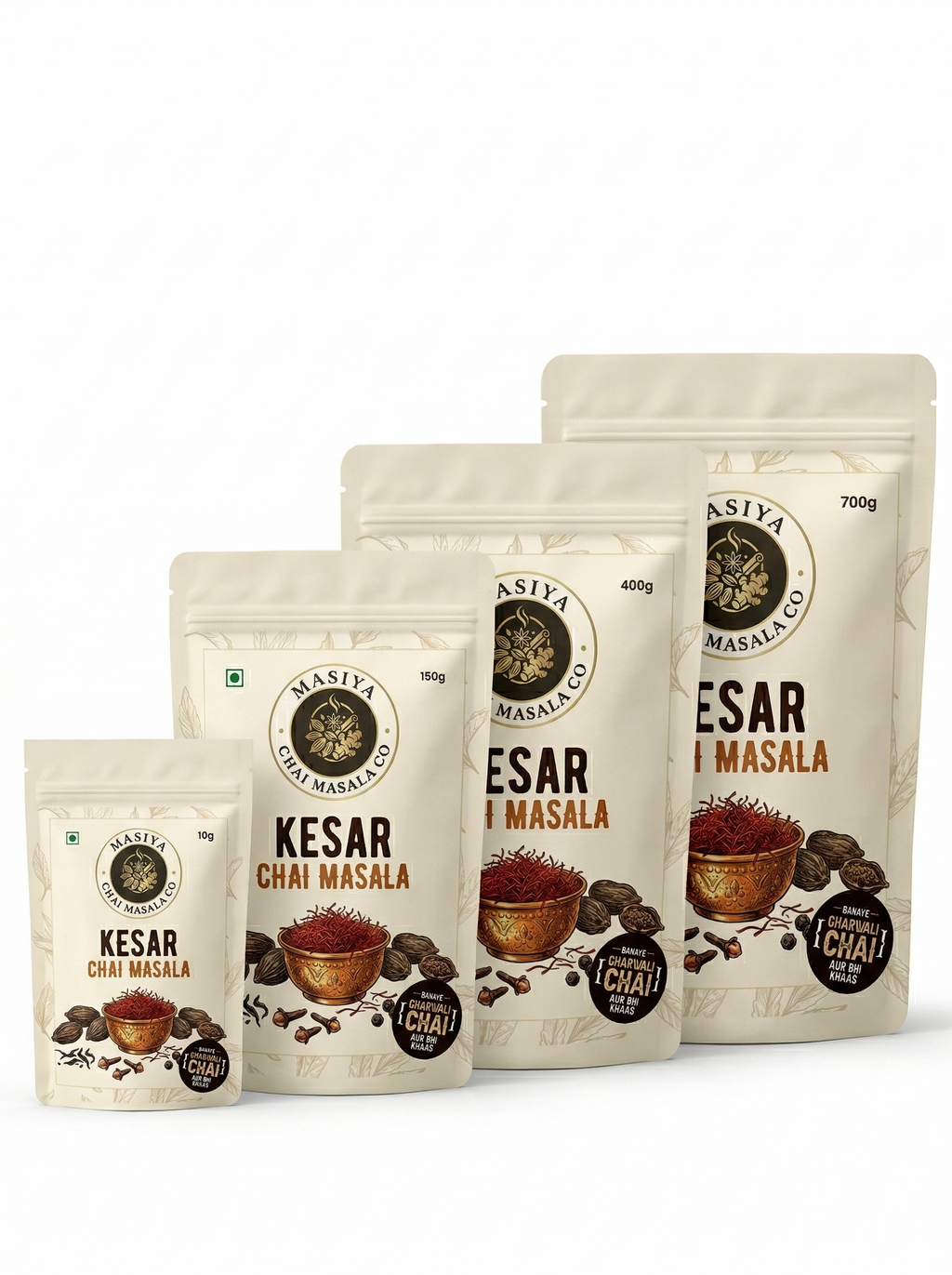 Set of Kesar Chai Masala packages on a white background