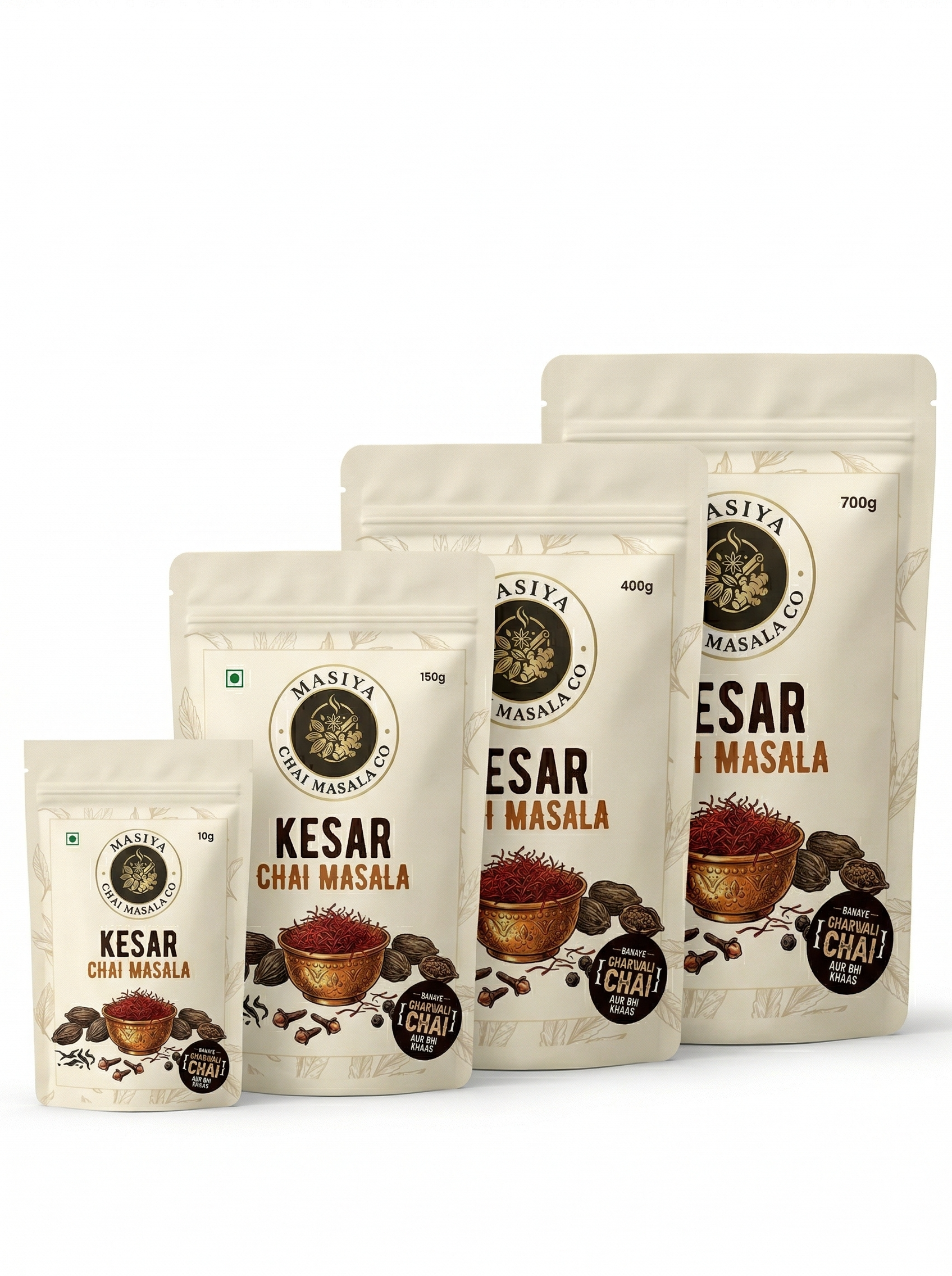 Set of Kesar Chai Masala packages on a white background