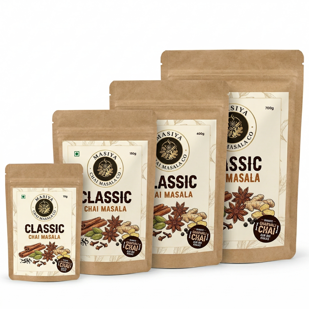 Set of brown packaging with 'Sativa Chai Masala' labels on a white background