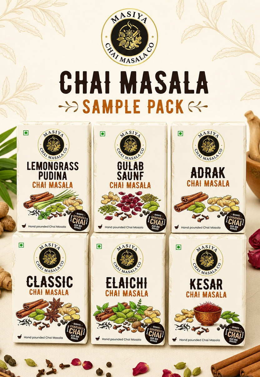 Masiya Chai Masala Co. sample pack with various chai masala products on a light background.